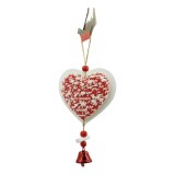 Ornament de brad inima din tweed, flippy, alb/rosu, lemn, 18 cm