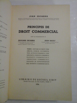 PRINCIPES DE DROIT COMMERCIAL - JEAN ESCARRA - Paris, 1934 foto