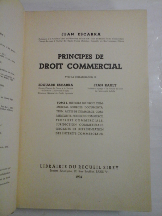 PRINCIPES DE DROIT COMMERCIAL - JEAN ESCARRA - Paris, 1934