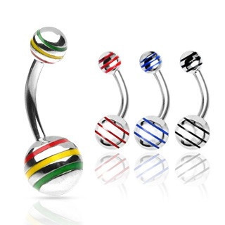 Piercing pentru buric cu o bilă &icirc;n dungi colorate - Măsuri: 10 mm x 8 mm, Culoare zirconiu piercing: Negru - K