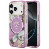Husa MagSafe pentru Apple iPhone 17 Pro, Guess, IML Metal Glitter Flowers Triangle, Mov