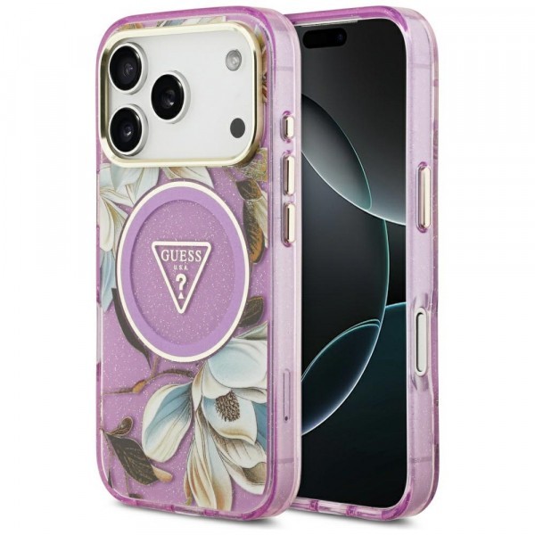 Husa MagSafe pentru Apple iPhone 17 Pro, Guess, IML Metal Glitter Flowers Triangle, Mov
