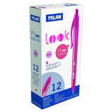 Pix MILAN Look, Mina Roz, 12 Buc/Set, Varf 1 mm, Corp din Plastic de Culoare Roz, Pixuri Milan, Pix Roz, Pix cu Pasta Roz, Pix Scolar, Pix pentru Scol