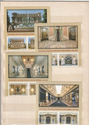 ROMANIA 2023 LP 2403 LP 2403 a CENTENARUL PALATULUI CERCULUI MILITAR 2 SERII CU MANSETA ILUSTRATA + BLOC DE 4 TIMBRE MNH NESTAMPILATE foto