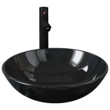 Chiuveta baie robinet si scurgere tip push, negru sticla calita