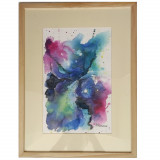 E75. Tablou pictat manual, Abstract Blue Galaxy, inramat, 32 x 42 cm