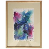 E75. Tablou pictat manual, Abstract Blue Galaxy, inramat, 32 x 42 cm, Acuarela, RavariuArt