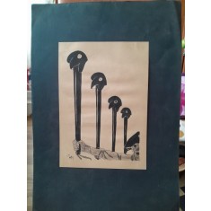 Caricatura, desen original in penita si ceracolor, semnata Iosif Ross 1899 - 1974, defilare cu sepci germane, cu paspartu