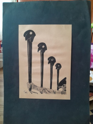 Caricatura, desen original in penita si ceracolor, semnata Iosif Ross 1899 - 1974, defilare cu sepci germane, cu paspartu foto