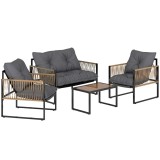 Outsunny Set mobilier grădină, 4 piese, canapea, 2 scaune, masă cu blat din sticlă, cadru metalic, polyratan, antracit | Aosom Romania