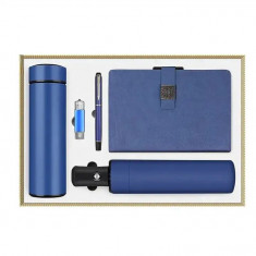 Set cadou 5 piese agenda, termos , umbrela, pix , USB drive, albastru