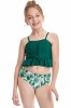 Costum de baie pentru fetite format din 2 piese, bustiera si slip modern, ideal pentru plaja sau inot, verde cu alb si imprimeu cu frunze, marimea 164