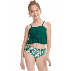 Costum de baie pentru fetite format din 2 piese, bustiera si slip modern, ideal pentru plaja sau inot, verde cu alb si imprimeu cu frunze, marimea 128