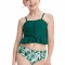 Costum de baie pentru fetite format din 2 piese, bustiera si slip modern, ideal pentru plaja sau inot, verde cu alb si imprimeu cu frunze, marimea 128