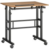 HOMCOM Birou stat jos/&icirc;n picioare birou reglabil pe &icirc;nălțime 70 x 60 cm pe roți cu blat &icirc;nclinat cadru metalic maro | Aosom Romania