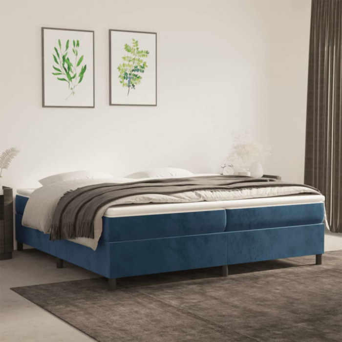 vidaXL Pat box spring cu saltea, albastru &icirc;nchis, 200x200 cm, catifea