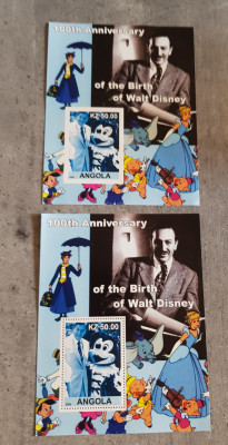 ANGOLA WALT DISNEY 2 BLOCURI DANTELAT SI NEDANTELAT MNH foto