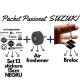 Set Cadou Pasionati Suzuki , 13 Stickere Personalizate, Breloc 3D si Air Freshener Roata 3D