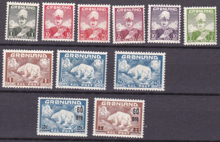 Groenlanda 1938/46/56 fauna MI 1-7/26-27/37-38 MNH