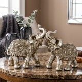 Set 2 Statuete Decorative Elefanți Argintii, Stil Vintage Feng Shui cu Detalii Mozaic