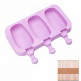 Forma pentru inghetata pe bat, 3 compartimente cu capac, 50 bete din lemn, silicon, diverse culori, 20 x 14.5