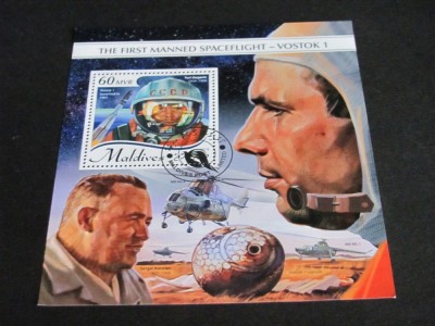 Primul Zbor Spațial cu Echipaj Uman, Yuri Gagarin, Vostok 1 - Bloc Filatelic Maldive foto
