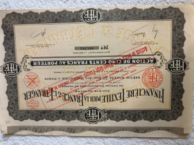 TITLU ACTIUNI Societatea Anonima FINANCIERE TEXTILLES POUR LA FRANCE ET L ETRANGERES, foto