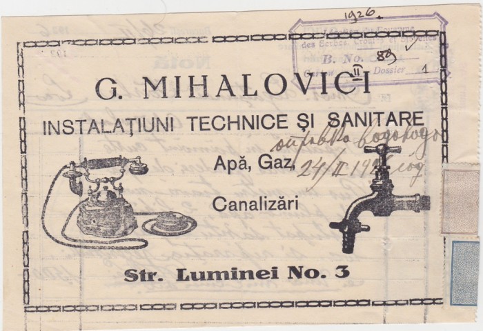 G. Mihailovici Instalatiuni technice si sanitare Bucuresti Luminei No. 3 1926