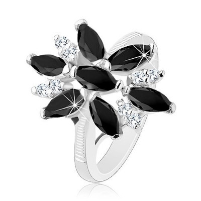 Inel lucios de culoare argintie, floare din zirconiu transparent și negru, brațe lucioase - Marime inel: 49 foto
