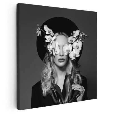 Tablou portret femeie cu flori de orhidee Tablou canvas pe panza CU RAMA 60x60 cm foto