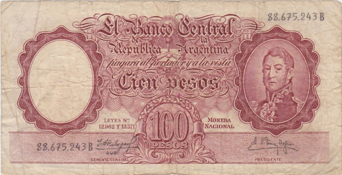 ARGENTINA 100 PESOS ND(1957) F