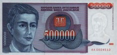 IUGOSLAVIA █ bancnota █ 500000 Dinara █ 1993 █ P-119 █ Serie AA █ UNC █