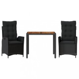 Set mobilier de gradina cu perne, 3 piese, negru, poliratan