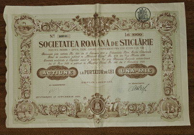 Actiune Societatea Romana de Sticlarie 1923 foto