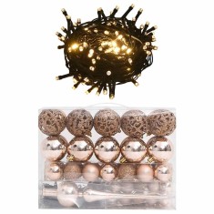vidaXL Set globuri Crăciun cu v&acirc;rf &amp; 150 LED-uri 61 piese, roz auriu 330097