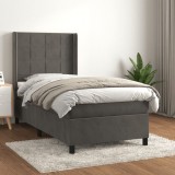 Gossi pat box spring cu saltea, gri inchis, 90x190 cm, catifea