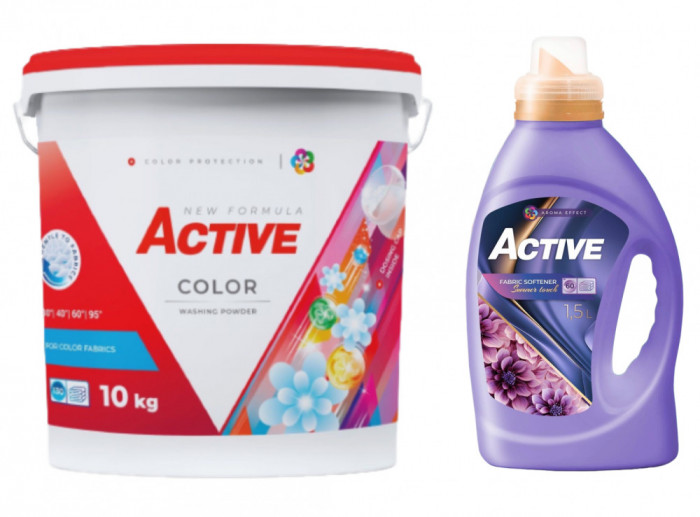 Detergent pudra pentru rufe colorate Active, galeata 10kg, 130 spalari + Balsam de rufe Active Summer Touch, 1.5 litri, 60 spalari