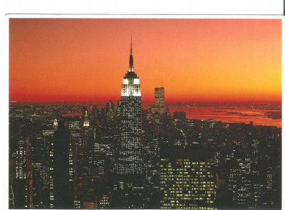 SUA NEW YORK CITY: WTC TWIN TOWERS EMPIRE STATE BUILDING BY NIGHT POSTCARD foto
