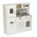 Bucatarie din lemn pentru copii cu frigider si accesorii, alba, 80x24x80 cm