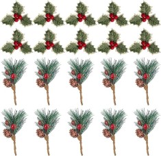 Set 20 ramuri de copac artificiale pentru Craciun, plastic, maro/verde/rosu