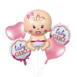 Set 5 baloane folie, 45cm &ndash; 68cm, forma bebelus, it&rsquo;s a girl &ndash; baby girl, roz, Ropet