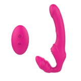 Vibrator dublu TOYZ4LOVERS Elys Love Gun, strap-on fără ham, control prin telecomandă, cu vibrații multiple, 21.8 cm, roz