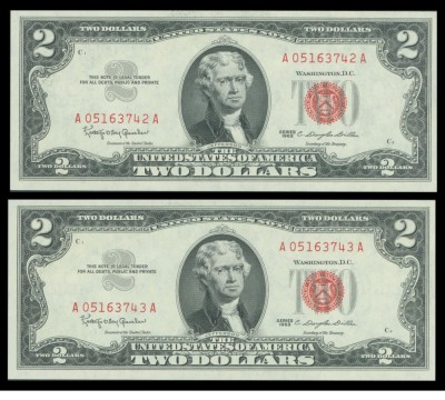 $2 Dollars 1963 United States Note Red Seal CH/GEM UNC Consecutive foto