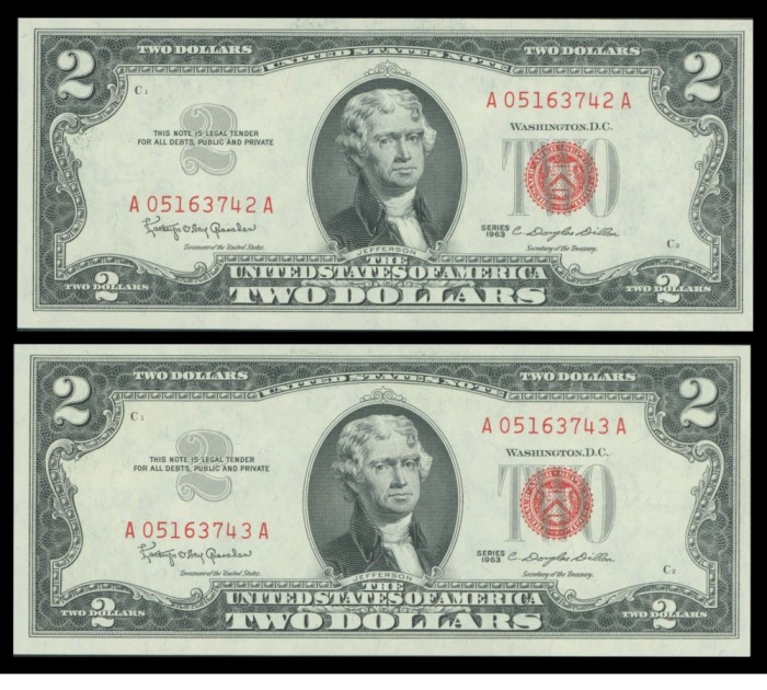 $2 Dollars 1963 United States Note Red Seal CH/GEM UNC Consecutive