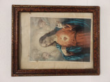 Rama veche de lemn cu icoana Iisus Christos, hartie, 35x28 cm, Religie