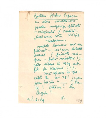 Scrisoare, Perpessicius catre Stefan Popescu, 1949 foto