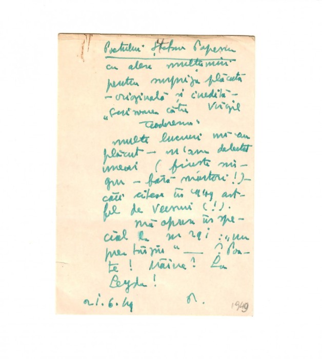Scrisoare, Perpessicius catre Stefan Popescu, 1949