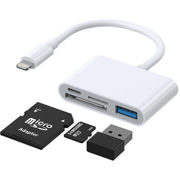 Adaptor Joyroom cu cititor de carduri SD/TF, USB OTG/USB type C - Lightning, 120x51x11 cm, Alb