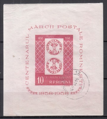 ROMANIA 1958 LP 465 CENTENARUL MARCII POSTALE COLITA NEDANTELATA STAMPILATA foto