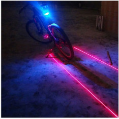 Stop 5 led pentru bicicleta si 2 lasere traseu, culoare albastra, laser rosu foto